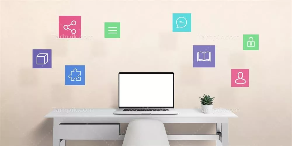 لپ‌تاپ در حال کار بر روی میز با نمادهای اینترنت اشیا در فضای مجازی برای ارائه صفحه وب
