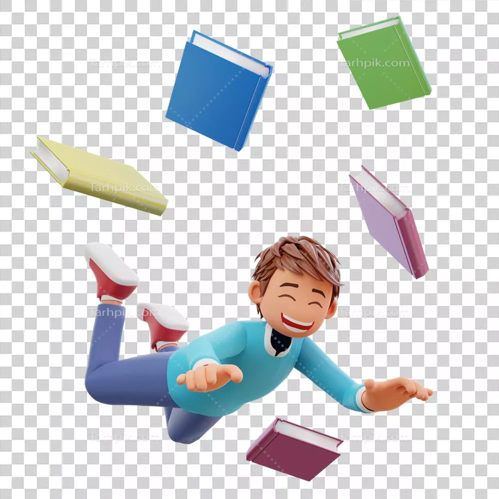 تصویر کارتونی و سه بعدی از پسر ناز با کتابهای فراوان در فصل پاییز