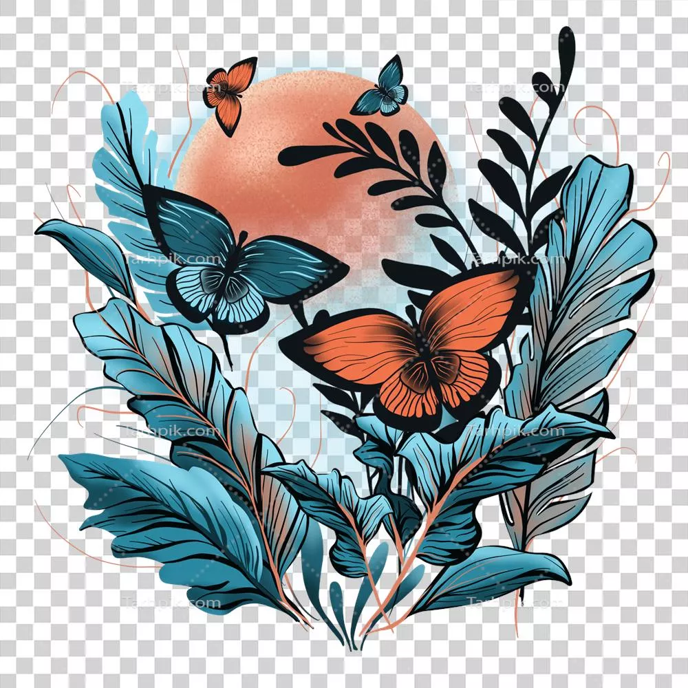 نقاشی گیاه‌شناسی: پروانه‌ها و برگ‌های استوایی در پس‌زمینه سیاره سرخ