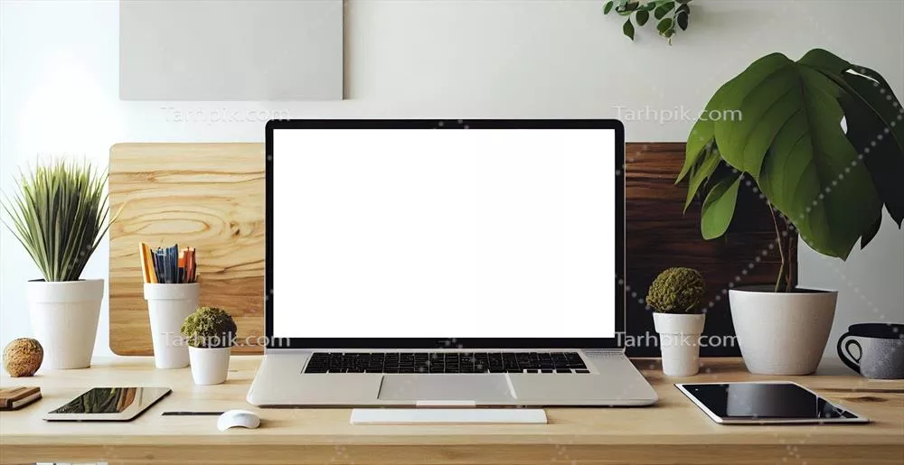 فضای کار مدرن با لپتاپ صفحهنمایش خالی و قاب سفيد - تصویر تولیدشده با هوش مصنوعی