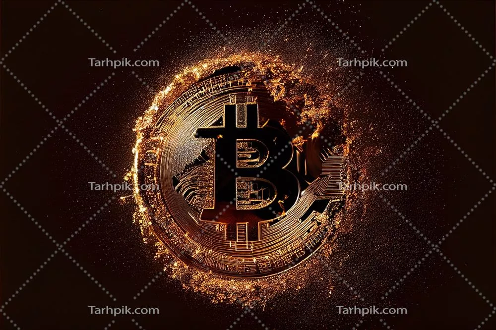 تصویرسازی هوش مصنوعی تولیدی از نشانه بیتکوین بر روی سکه طلایی با درخشش و جرقههای طلایی بر روی پسزمینه مشکی
