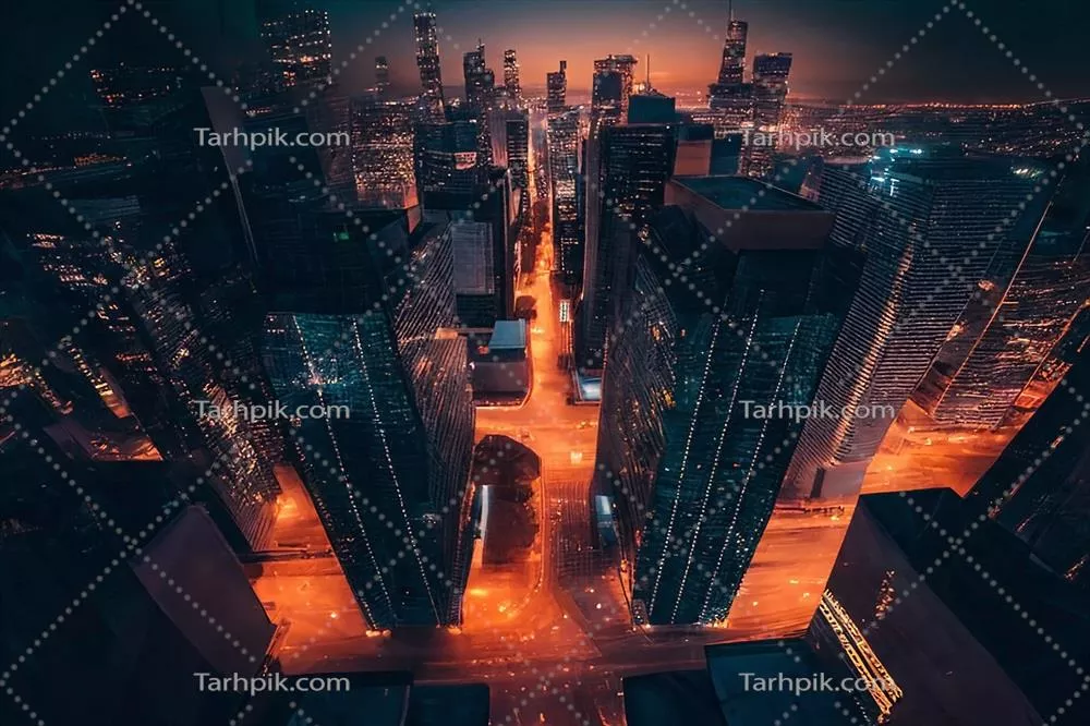 شهر مدرن در شب با آسمان خراش ها و مرکز تجاری از دید شما