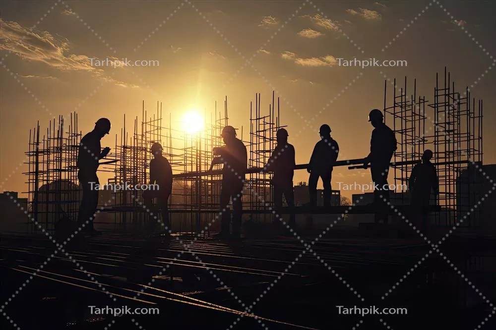 سایه‌های مهندسان در محل ساخت و ساز در زمان غروب با هوش مصنوعی تولید شده