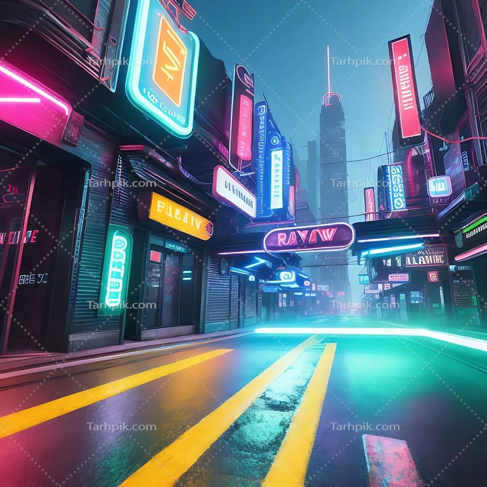 شهر futuristic با نورهای نئون در یک تصویر سوررئال و واقعگرایانه 3D