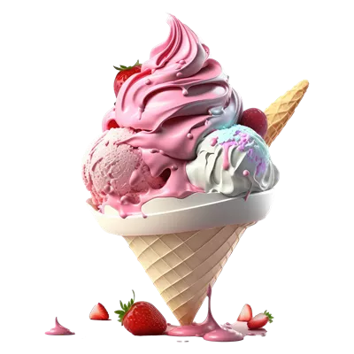 کف شیرینی بستنی مخروطی پر شده با طعم های وانیل، شکلات و توت فرنگی ایجاد شده با هوش مصنوعی