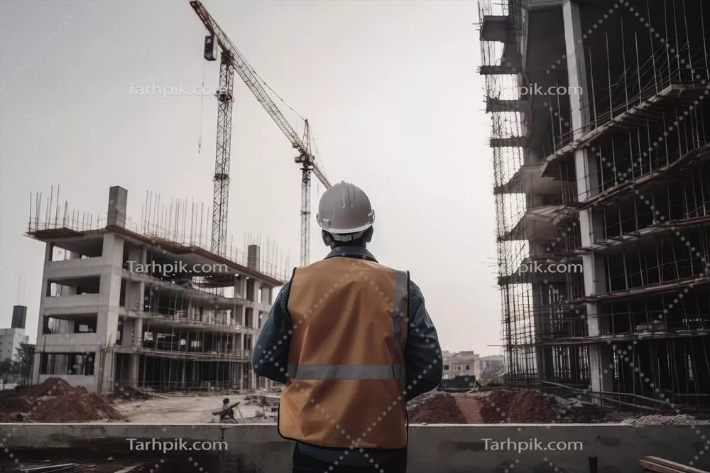 مهندس یا معمار در حال بررسی پروژه در محل ساخت و ساز با کلاه ایمنی و جلیقه بازتابنده