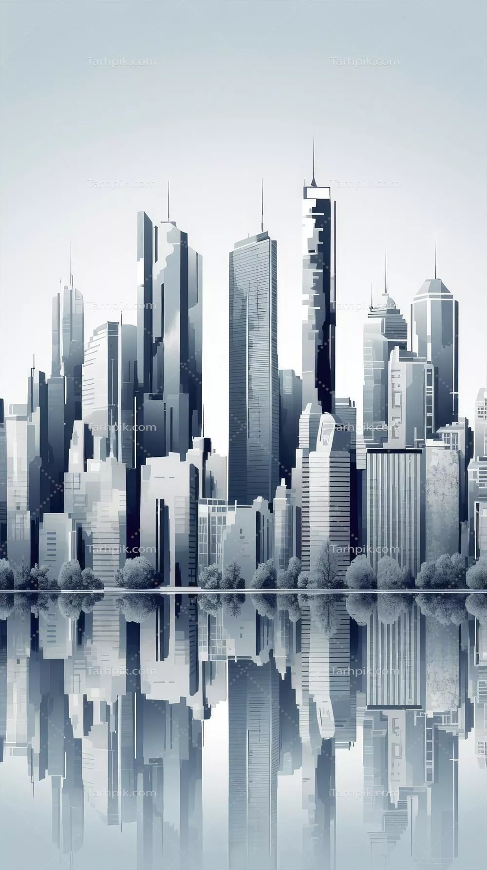 برجسته‌ترین نمای مدرن شهر با آسمان‌خراش‌های خاکستری و انعکاس در پس‌زمینه