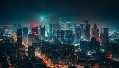 شهرسازی روشن با آسمان خراش های درخشان در شب با استفاده از هوش مصنوعی تولیدی