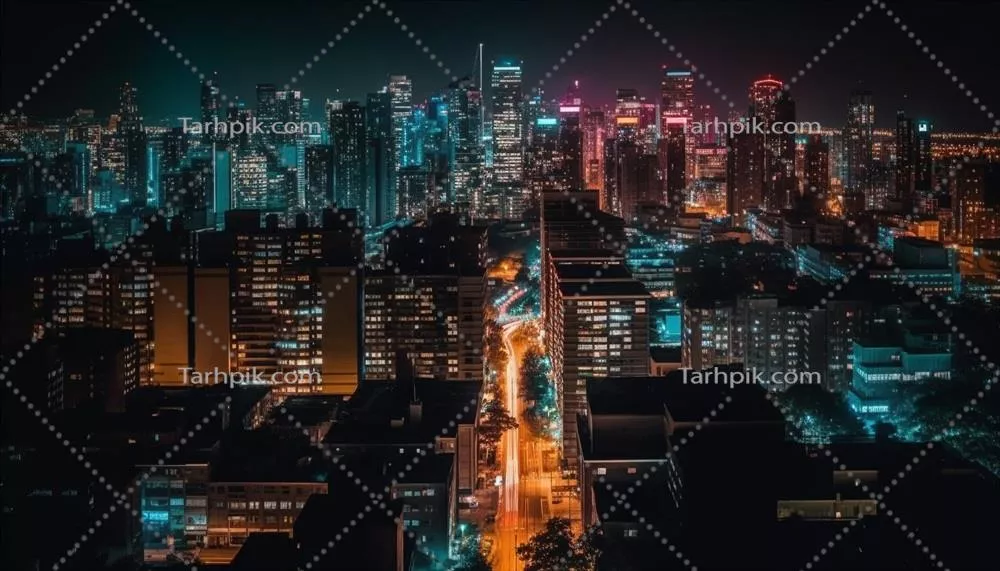 نمای شهر درخشان در غروب با معماری مدرن تولید شده توسط هوش مصنوعی