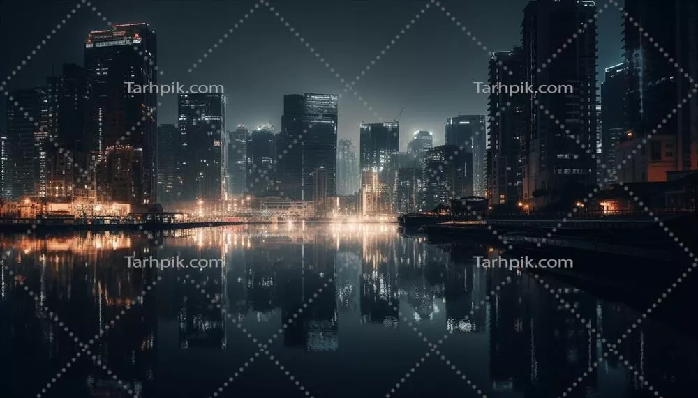 سایه‌نمایی آسمان‌خراش‌های مدرن و نورانی در افق شهر در غروب با استفاده از هوش مصنوعی