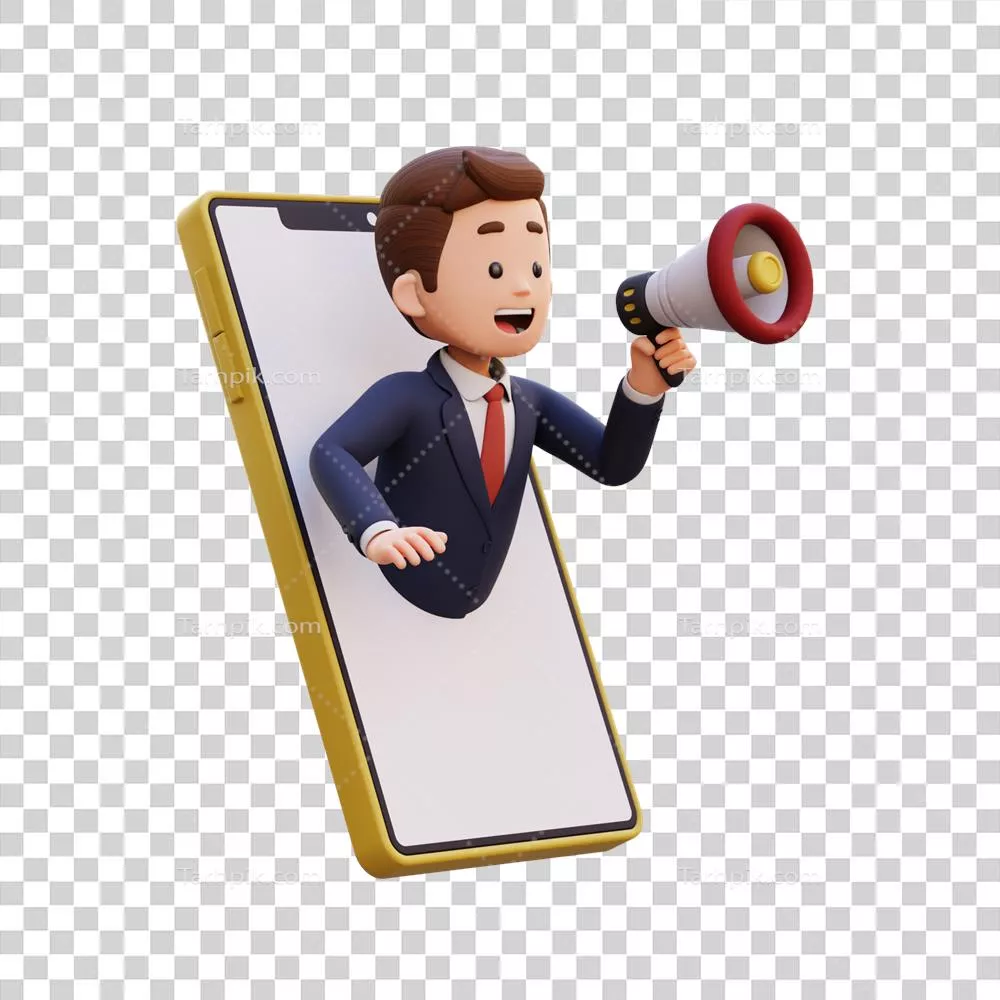 شخصیت سه بعدی مرد که از صفحه نمایش تلفن هوشمند بیرون میآید و در دستش یک بلندگو دارد