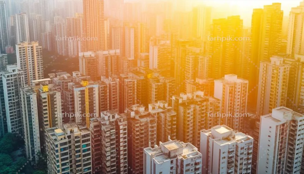 آسمانخراش بلند در شهر مدرن، روشن شده در سپیدهدم و غروب، تولید شده توسط هوش مصنوعی