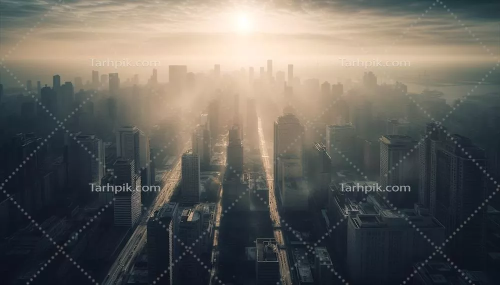 شهر درخشان در افق در غروب با معماری مدرن تولید شده توسط هوش مصنوعی