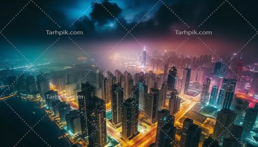 آسمانخراشهای نورانی در شهر شلوغ تولید شده توسط هوش مصنوعی