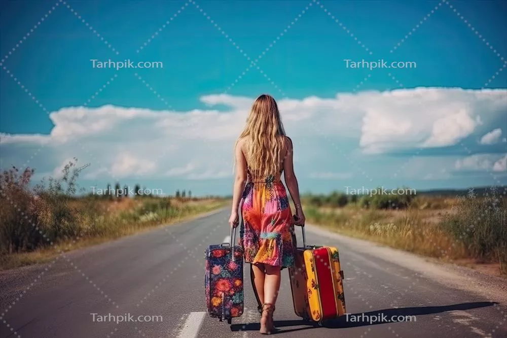 زنی زیبا و نسل هزاره در حال سرپایی زدن در جاده با پوشش غیررسمی – مفهوم ماجراجویی و گردشگری