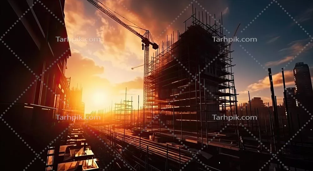 سیلویت یک ساختمان در حال ساخت در برابر زمینه غروب آفتاب