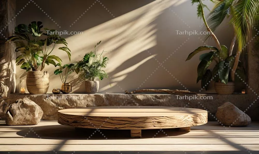 پودیم چوبی با ظاهر طبیعی در نور آفتاب - تولید شده با هوش مصنوعی