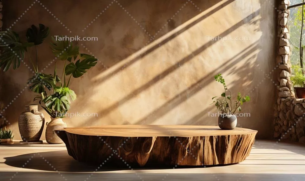 طراحی میز پودیم چوب طبیعی در نور آفتاب با استفاده از هوش مصنوعی