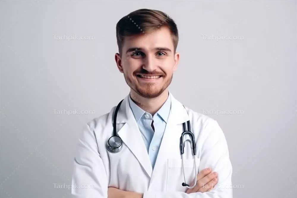 پرتره ای خلاقانه از پزشک مرد با اعتماد به نفس در لباس سفید و گوشی پزشکی