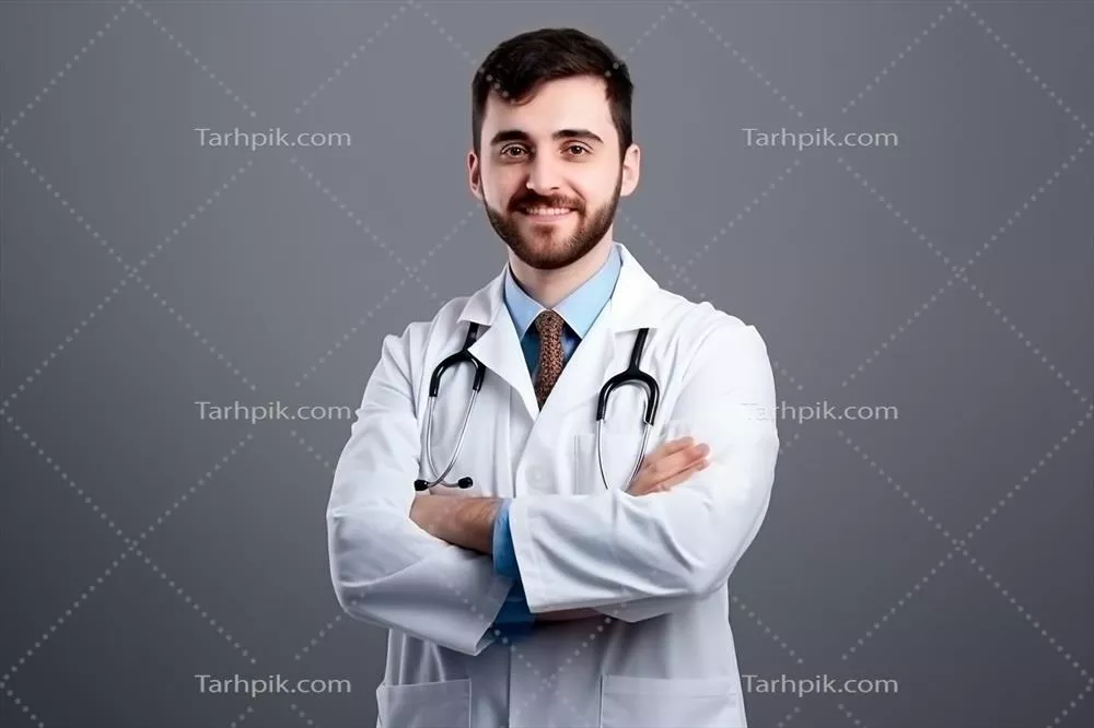 پرترهای از پزشک مرد مطمئن در روپوش سفید و گوشی پزشکی ایستاده با دستهای crossed و نگاهی به دوربین