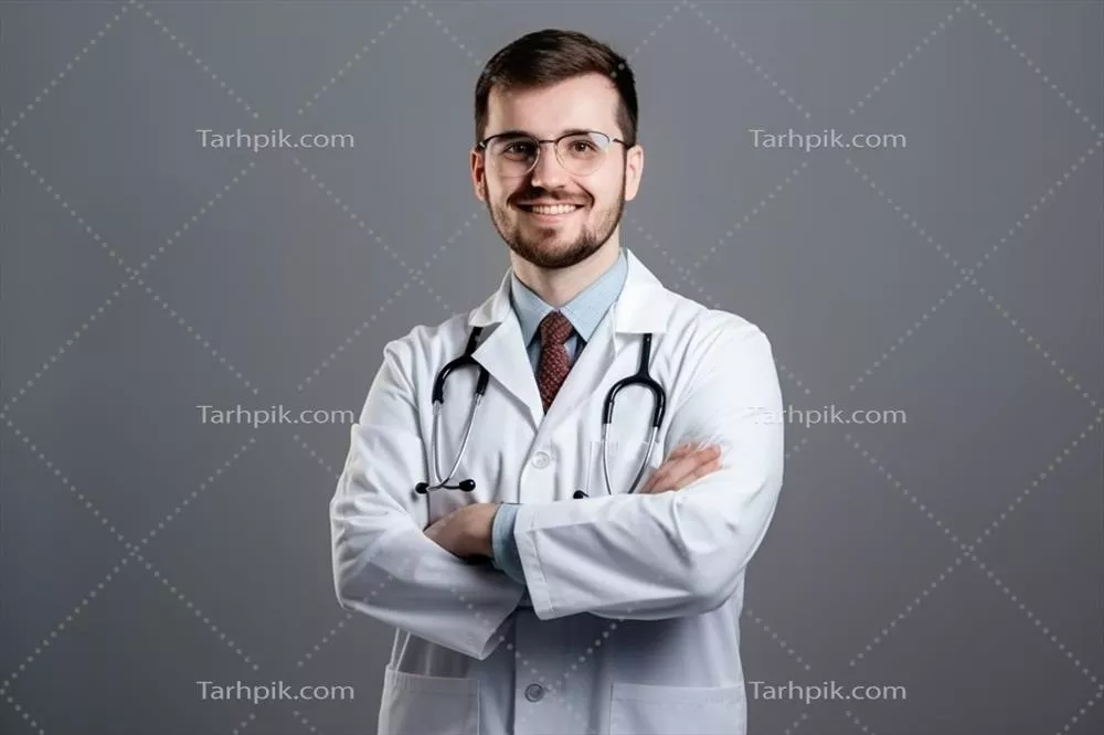 پرتره نسلزایی شده از دکتر مرد با اعتماد به نفس در حال ایستاده با لباس سفید و گوشی پزشکی