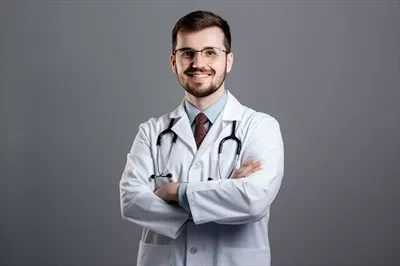 پرتره نسلزایی شده از دکتر مرد با اعتماد به نفس در حال ایستاده با لباس سفید و گوشی پزشکی