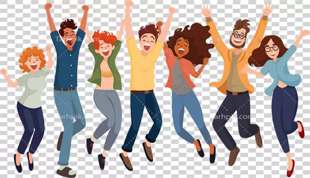 تصویر کارتونی گروهی از جوانان شاد و متنوع در حال انجام فعالیت‌های دوستانه