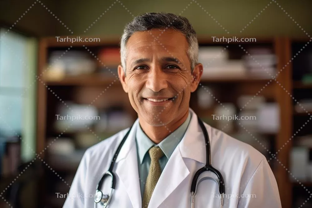 پرترهای از یک پزشک مرد با کت آزمایشگاهی سفید و گوشی پزشکی به همراه تکنولوژی هوش مصنوعی