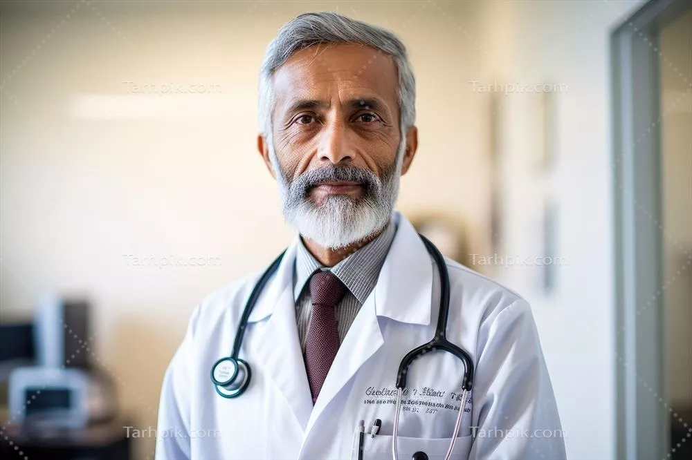 پرترهای از یک پزشک مرد در حال پوشیدن روپوش سفید و گوشی پزشکی با استفاده از هوش مصنوعی