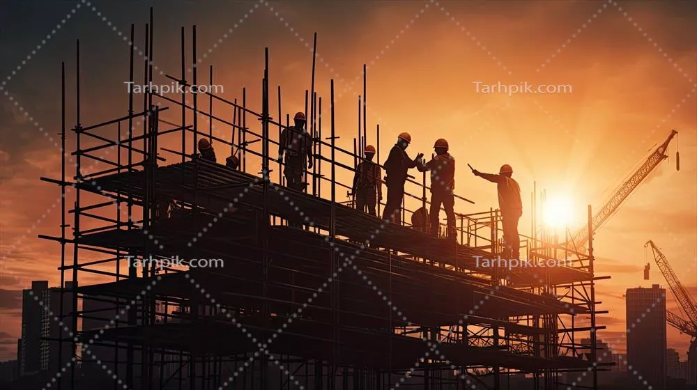 کارگران در ساخت و ساز خانه ها بر روی داربست های بلند بدون تجهیزات ایمنی در یک محیط صنعتی و معاصر