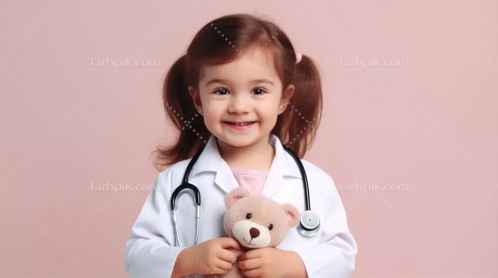 کودک زیبا در روپوش پزشک با گوش‌زد و پس‌زمینه رنگی