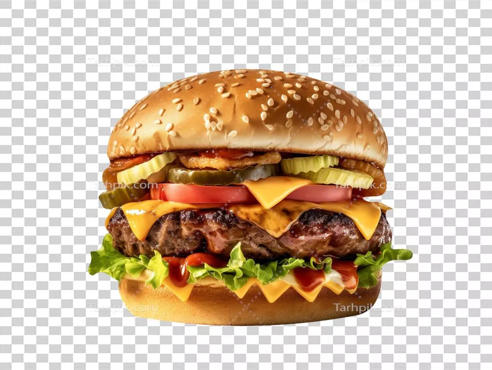 برگر خوشمزه و اشتها آور بر روی پس زمینه شفاف