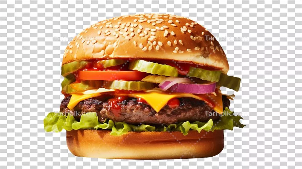 برگر خوشمزه و اشتهابرانگیز بر روی پس‌زمینه شفاف