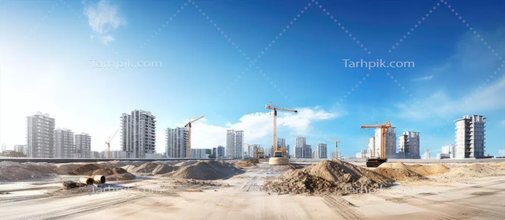ساختوساز در محل با ساختمانهای مسکونی ناتمام و فضای خالی زیر آسمان آبی