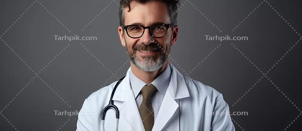 دکتر مرد با لباس سفید و عینک در پسروی خاکستری در حال لبخند زدن به دوربین