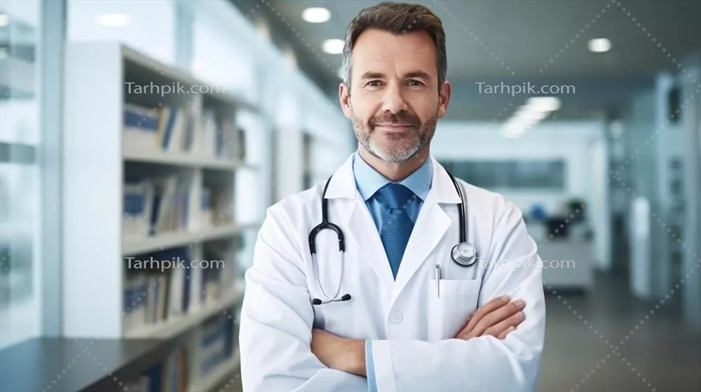 پرتره پزشک در حال ژست گرفتن با لباس کامل پزشکی و تجهیزات مرتبط