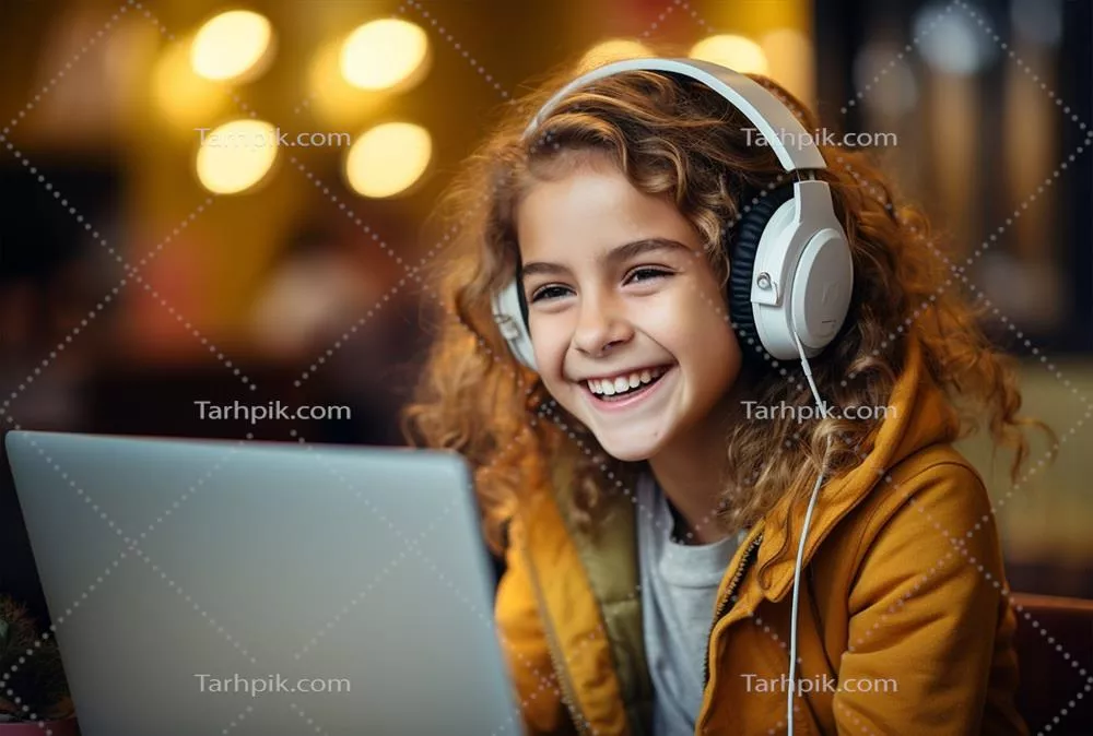 پرتره از دخترک ناز در حال استفاده از لپتاپ در کافه با هدفون