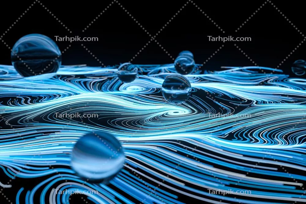 رندر سه بعدی الگوهای خطی گردابی با ذرات درخشان و دنباله‌ها