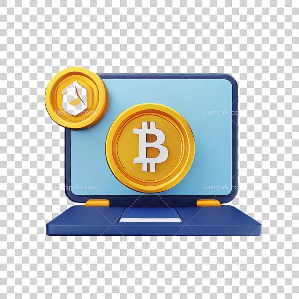 نقش بیت کوین و اتریوم به عنوان ارزهای دیجیتال بر روی لپ تاپ با پس زمینه شفاف