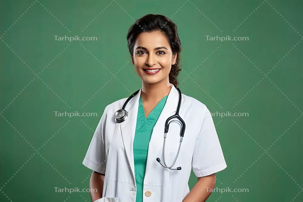 دکتر جوان هندی زنانه با پسزمینه سبز بهصورت دیجیتال طراحی شده است