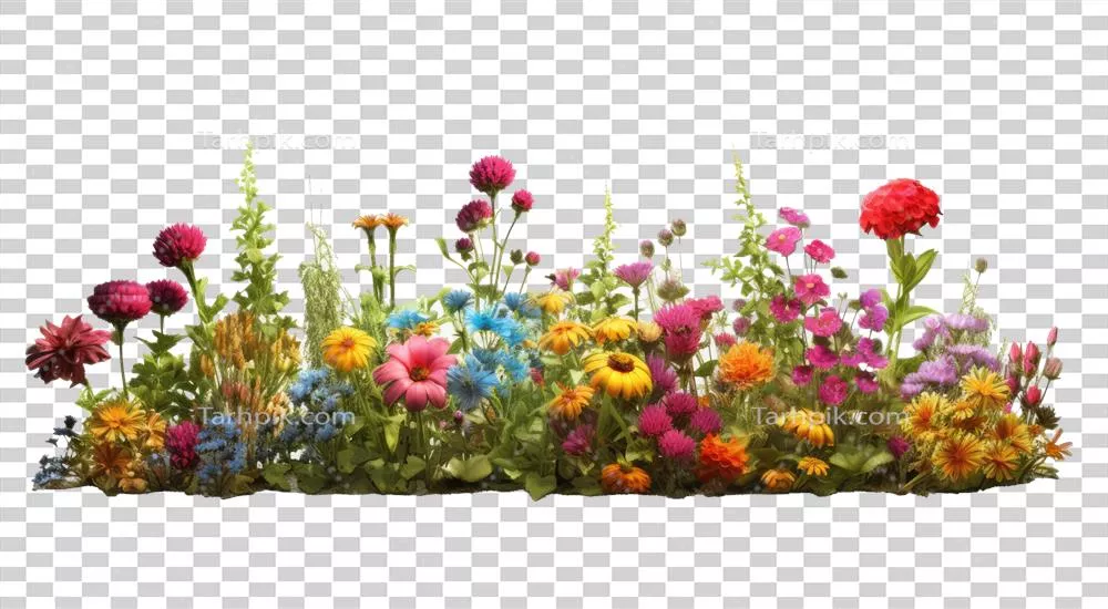 حاشیه ای از گل های بهاری درخشان با گیاهان وحشی - ساخته شده با هوش مصنوعی