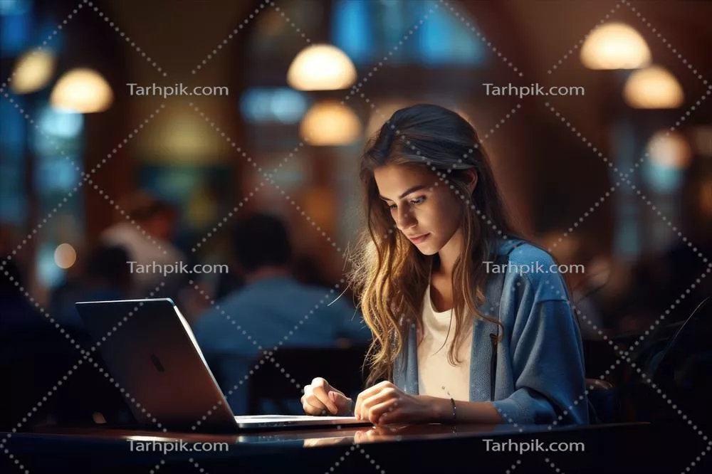 زن با اعتماد به نفس در حال کار با لپ‌تاپ در کتابخانه