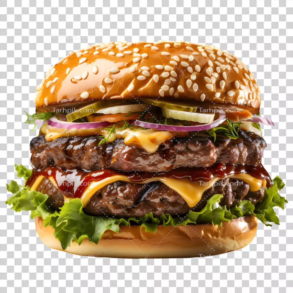 همبرگر دوگانه گوشت قرمز با پس‌زمینه شفاف - فست فود لذیذ