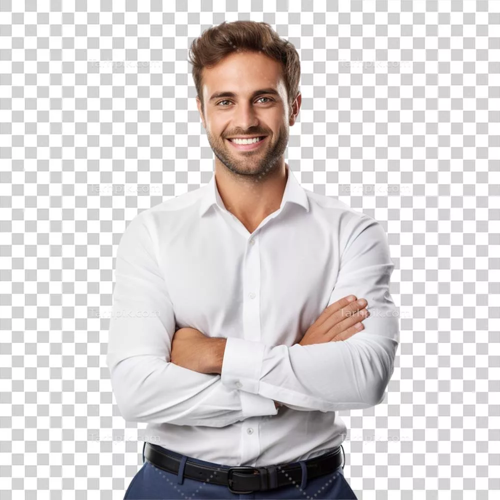 پرتره ای از مرد جوان خوشتیپ و خوشحال با دستان جمع شده