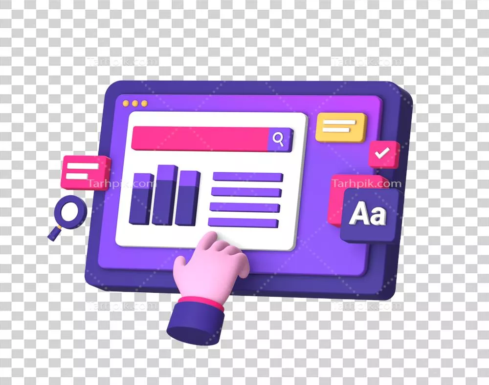 آیکون سه بعدی بنفش از کار کردن بر روی شغل تجاری با حرکت دست برای طراحی UI/UX و تبلیغات رسانه اجتماعی