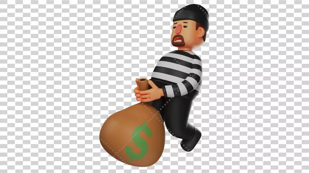 شخصیت کارتونی سه‌بعدی تبهکار خسته که در حال دزدی است و پول می‌دزدد