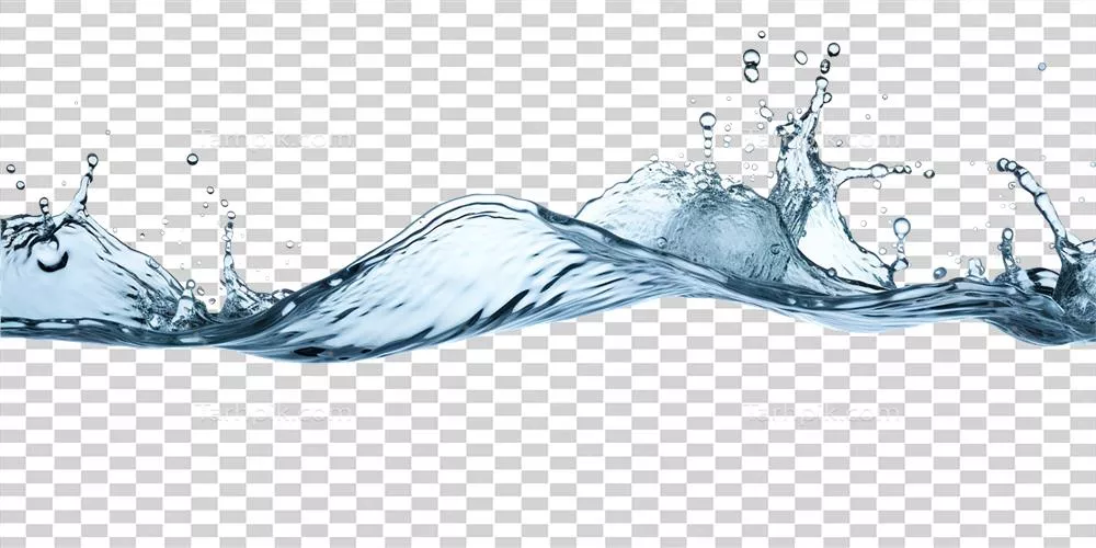 تصویر واقع‌گرایانه از پاشیدن آب شفاف با قطرات و ریختن‌های آبی