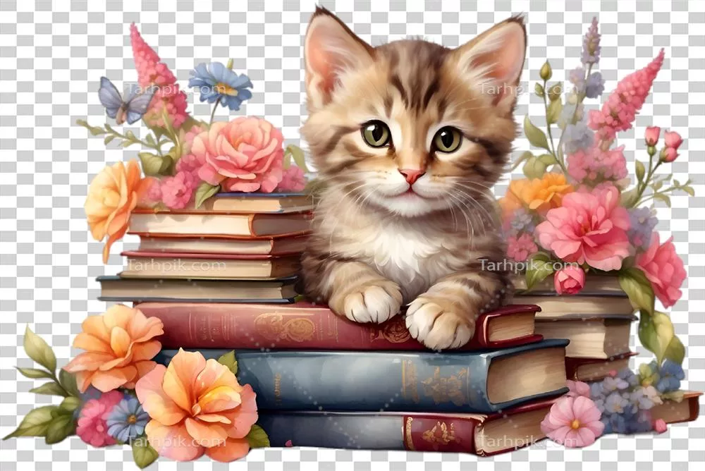 گربه ای تولید شده با هوش مصنوعی در میان یک توده از کتابها