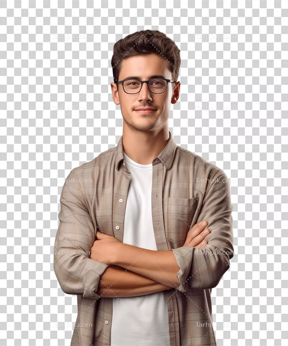 عکس یک مرد جوان با دستان بسته در برابر دوربین بر روی پسزمینه شفاف