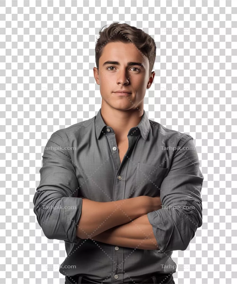 تصویر یک مرد جوان ایستاده با دستانی در هم قفل روی پسزمینه شفاف